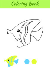 Coloring page fish. Coloring book for kids. Educational activity for preschool years kids and toddlers with cute animal. Flat cartoon colorful vector illustration.