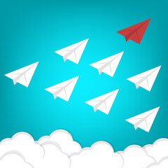 Leadership Concept. Red Paper Airplane Leading White Paper Airplanes.