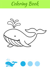 Coloring page happy whale. Coloring book for kids. Educational activity for preschool years kids and toddlers with cute animal. Flat cartoon colorful vector illustration.