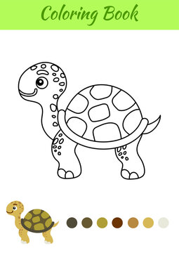 Coloring page happy turtle. Coloring book for kids. Educational activity for preschool years kids and toddlers with cute animal. Flat cartoon colorful vector illustration.