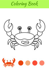 Coloring page happy crab. Coloring book for kids. Educational activity for preschool years kids and toddlers with cute animal. Flat cartoon colorful vector illustration.