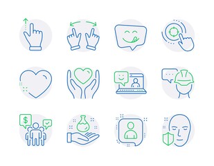 People icons set. Included icon as Touchscreen gesture, Heart, Developers chat signs. Hold heart, Foreman, Teamwork symbols. Smile, Yummy smile, Move gesture. Seo target, Chemistry lab. Vector