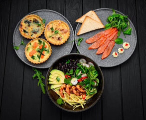Warm salad with grilled seafood flat lay.