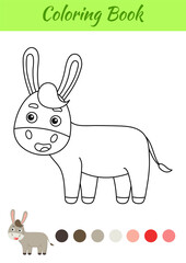 Coloring page happy donkey. Coloring book for kids. Educational activity for preschool years kids and toddlers with cute animal. Flat cartoon colorful vector illustration.