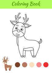 Coloring page happy deer. Coloring book for kids. Educational activity for preschool years kids and toddlers with cute animal. Flat cartoon colorful vector illustration.