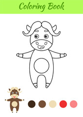 Coloring page happy musk ox. Coloring book for kids. Educational activity for preschool years kids and toddlers with cute animal. Flat cartoon colorful vector illustration.