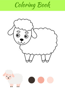 Coloring page happy sheep. Coloring book for kids. Educational activity for preschool years kids and toddlers with cute animal. Flat cartoon colorful vector illustration.