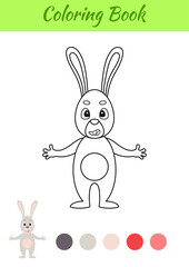 Coloring page happy hare. Coloring book for kids. Educational activity for preschool years kids and toddlers with cute animal. Flat cartoon colorful vector illustration.