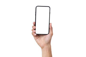 Hand business man holding mobile smartphone with blank screen isolated on white background with clipping path