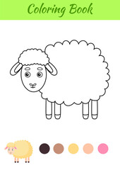 Coloring page happy sheep. Coloring book for kids. Educational activity for preschool years kids and toddlers with cute animal. Flat cartoon colorful vector illustration.