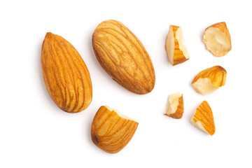 Almonds top view isolated on white background