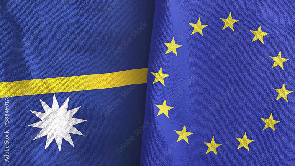 Sticker european union and nauru two flags textile cloth 3d rendering