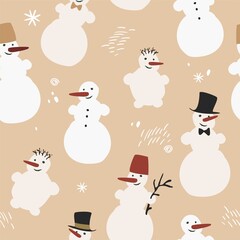Seamless pattern with snowmen isolated on beige. Vintage background for wrapping paper, textiles, Wallpaper. Collection of decorative cartoon snowmen in simple Scandinavian style. Vector illustration.