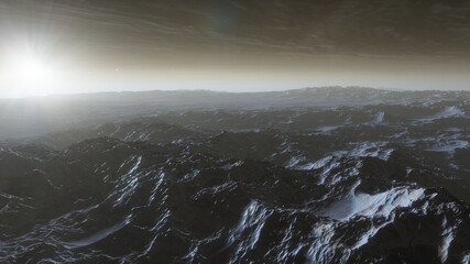 Space background, alien fantasy landscape with rocks and craters, orange planet empty surface, cloudy sky and falling comet, 3d render