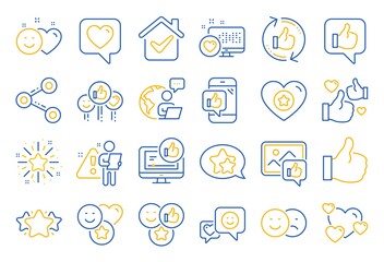 Social media line icons. Set - Share network, Social links and Rating linear icons. Heart, Feedback smile emotion and internet media. Share network, like icon, video content rating and dislike. Vector