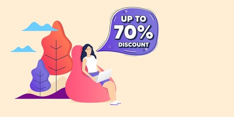Up to 70% Discount. Remote freelance employee. Sale offer price sign. Special offer symbol. Save 70 percentages. Woman sitting in beanbag. Discount tag chat bubble. Vector