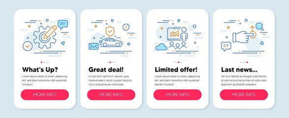 Set of Business icons, such as Cogwheel, Transport insurance, Presentation symbols. Mobile screen app banners. Drag drop line icons. Edit settings, Full coverage, Business conference. Move. Vector