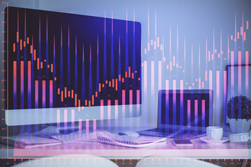 Forex market chart hologram and personal computer background. Multi exposure. Concept of investment.