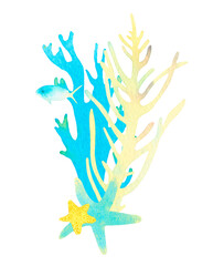 Coral reef watercolor illustration composition. Hand drawn underwater sea life decorative design. Beautiful bright coral, fish, starfish, seaweed, marine life on white background