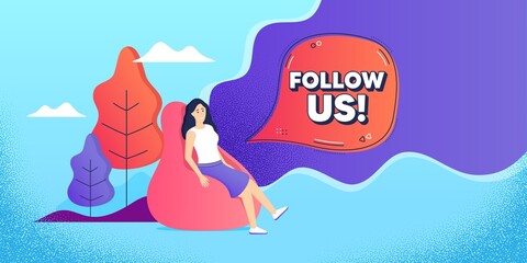 Follow us symbol. Woman relaxing in bean bag. Special offer sign. Super offer. Freelance employee sitting in beanbag. Follow us chat bubble. Vector