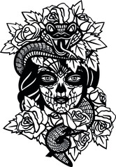 Mexican Calavera with a Crown of Roses for Cutting Vinyl Wall Decal Sticker and T-shirt Designs
