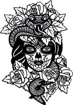 Mexican Calavera with a Crown of Roses for Cutting Vinyl Wall Decal Sticker and T-shirt Designs