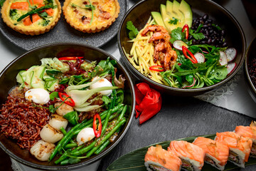 Mixed food, there are different dishes on the table