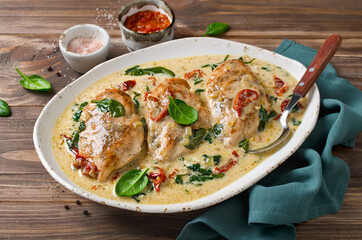 Chicken fillet with spinach and sun-dried tomatoes in coconut milk