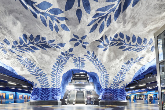 Stockholm, Sweden - December 12, 2017. Stockholm underground metro station T-Centralen - one of the most beautiful metro station, opened in 1957, design made in 1975. Blue line, central station