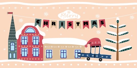 Christmas card with houses, cars, trees and snowfall. Vector hand drawn winter urban landscape