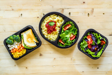 Take away meal, resraurant delivery menu. Overhead view