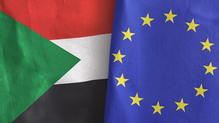 European Union and Sudan two flags textile cloth 3D rendering