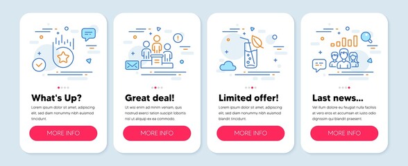 Set of line icons, such as Loyalty star, Business podium, Water glass symbols. Mobile screen app banners. Teamwork results line icons. Bonus reward, Team nomination, Soda drink. Group work. Vector