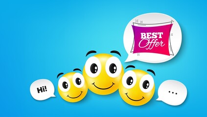 Best offer banner. Smile face with speech bubble. Discount sticker shape. Sale coupon bubble icon. Smile face character. Best offer speech bubble icon. Chat background. Vector