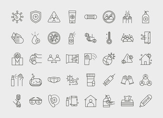 virus protection, contains such icons as protective measures line icon