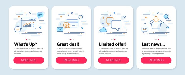 Set of Technology icons, such as Payment method, Web traffic, Speech bubble symbols. Mobile app mockup banners. Get box line icons. Cash or non-cash payment, Website window, Chat message. Vector
