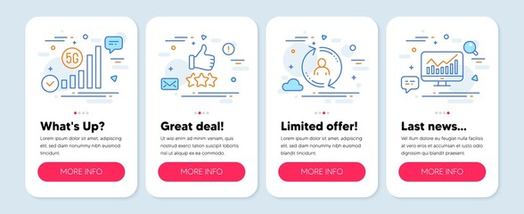 Set of Technology icons, such as 5g wifi, User info, Rating stars symbols. Mobile app mockup banners. Statistics line icons. Wireless signal, Update profile, Thumb up. Financial report. Vector