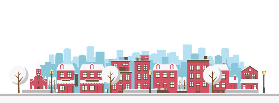 Modern city / town street flat vector illustration (winter season)