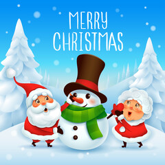 Merry Christmas! Santa Claus and Mrs Claus building snowman.Vector illustration of Christmas character on snow scene.
