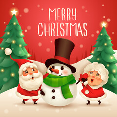 Merry Christmas! Santa Claus and Mrs Claus building snowman.Vector illustration of Christmas character on snow scene.