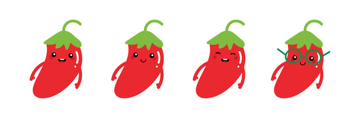 Set, collection of cute cartoon red chili pepper characters for mexican, spicy food design.