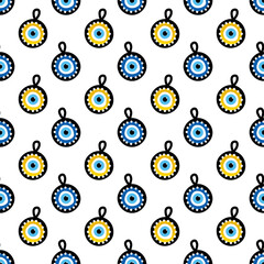 Vector seamless pattern background blue evil eye, nazar amulet pendant sign, symbol. 
