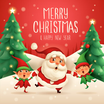 Merry Christmas! Santa Claus and Little Elves holding hands. Vector illustration of Christmas character on snow scene.