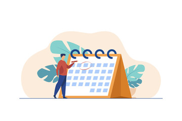 Manager planning event. Man marking date on calendar page flat vector illustration. Scheduling, time management concept for banner, website design or landing web page
