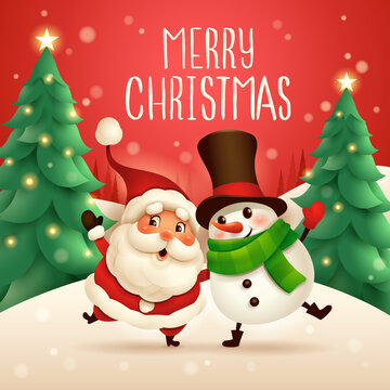 Merry Christmas! Santa Claus and Cheerful Snowman arm over shoulder. Vector illustration of Christmas character on snow scene.