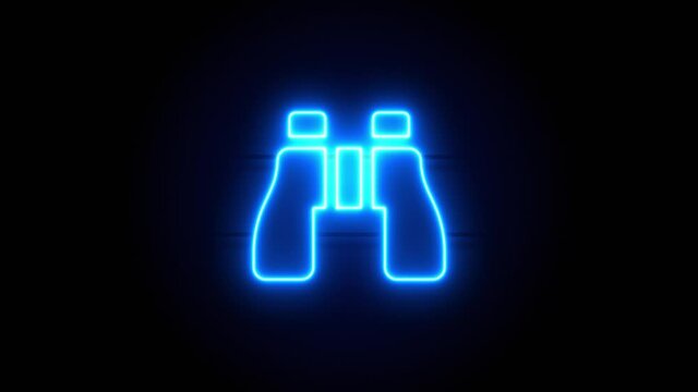 Binoculars neon sign appear in center and disappear after some time. Animated blue neon alphabet symbol on black background. Looped animation.