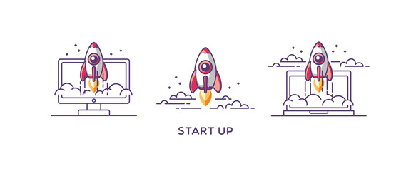 Start up set design elements in trendy linear style. Rocket ship. Vector illustration concept of new business project development and launch a new innovation product on a market.