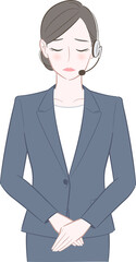 謝罪をするヘッドセットを身につけたスーツ姿の女性のイラスト