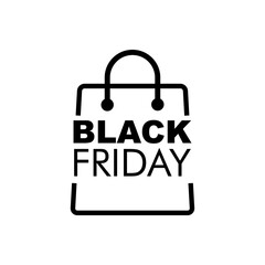 Ofertas del Black Friday. Logotipo con texto Black Friday en bolsa de la compra lineal en color negro