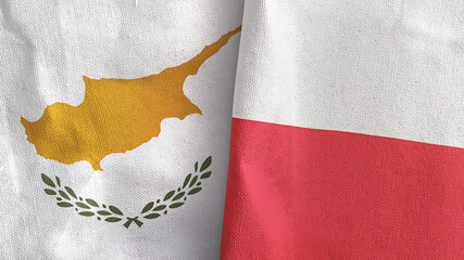 Poland and Cyprus two flags textile cloth 3D rendering